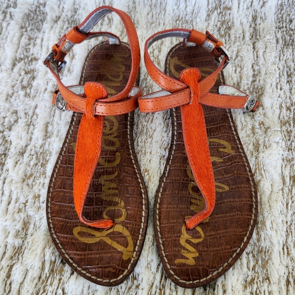 Sam Edelman "Galia" Orange Brahma Cow Hair T-Strap Sandal Thong | Women's Size 6 - Picture 4 of 9